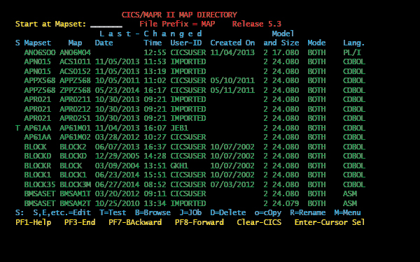 CICS/MAPR II directory screen