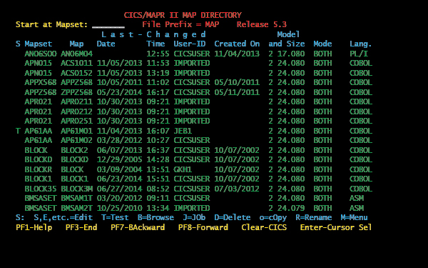 CICS/MAPR II directory screen