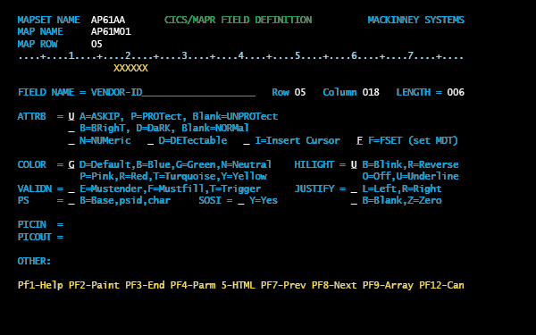 CICS/MAPR II field definitions