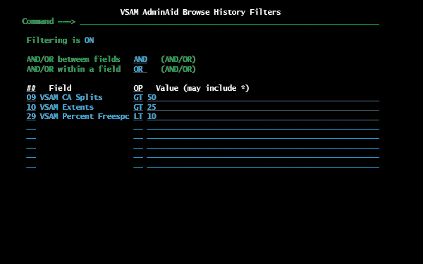 VSAM AdminAid filter lists