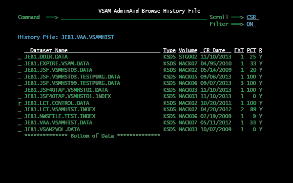 VSAM AdminAid Browse History File